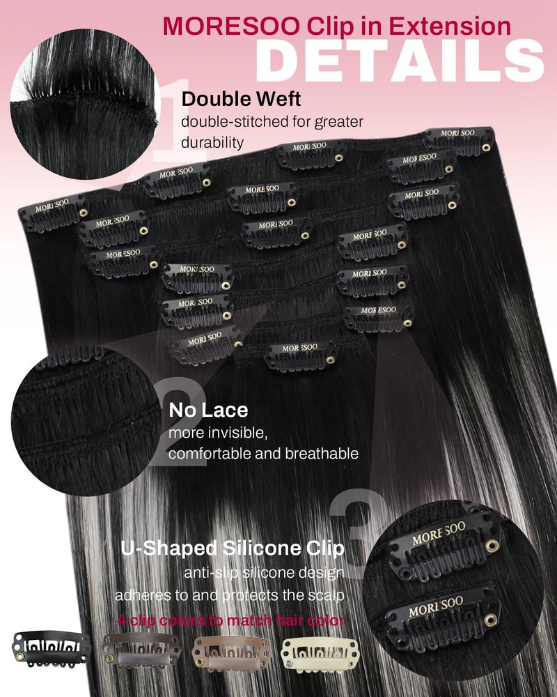 Moresoo Silver Grey Hair Extensions Real Human Hair Clip ins Balayage Natural Black to Silver Clip in Hair Extensions for Volume Remy Human Hair Long Straight Can Be Curled Full Head 120g/7pcs 18in - Image 4